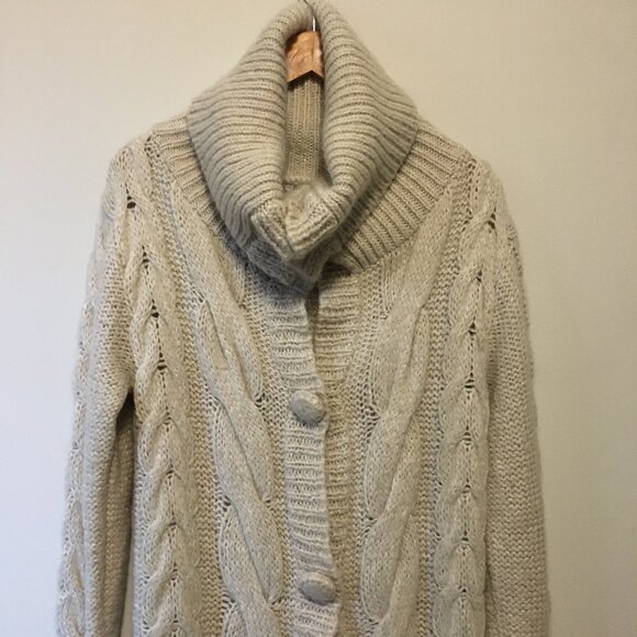 Y2K Tomboy Jeans Long Chunky Cream Cable Knit Wool Blend Button Up Sweater - Picture 3 of 15